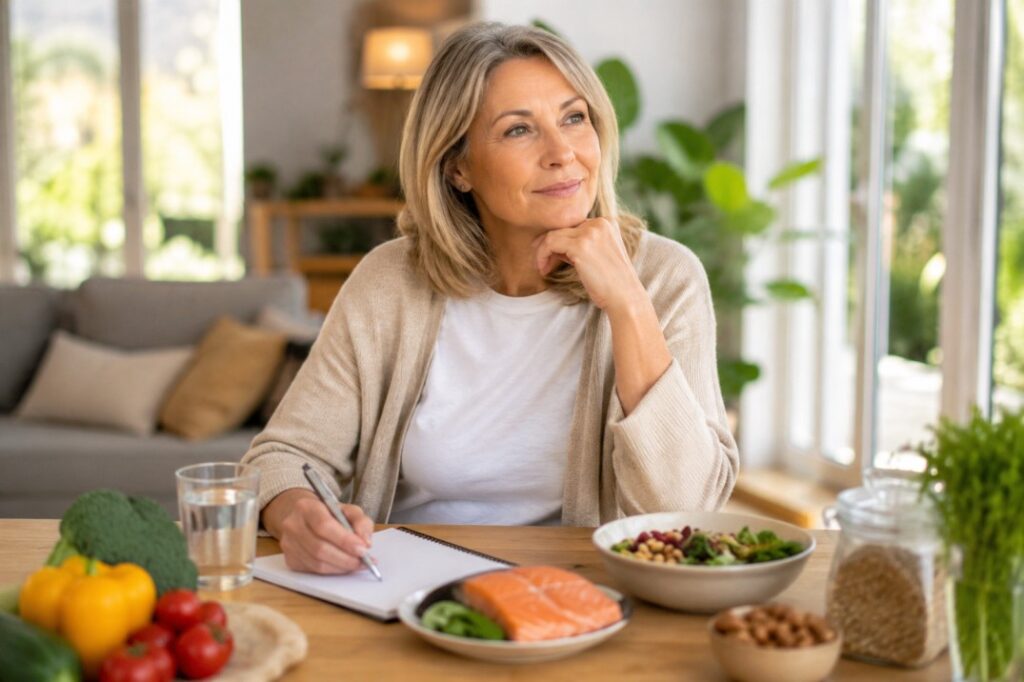 emme de 50 ans devant un repas équilibré, illustrant les difficultés de perte de poids après 50 ans