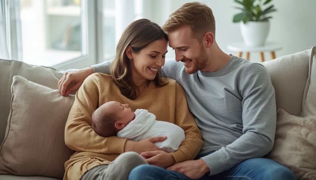 Couple avec un bébé choisissant une contraception après un accouchement