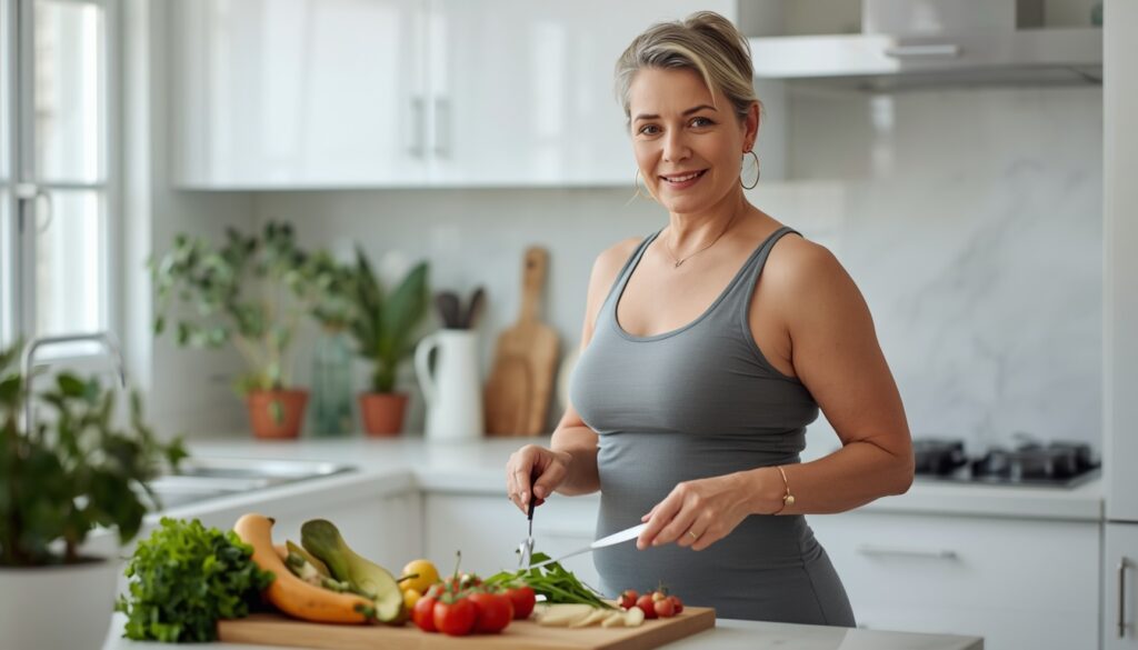 emme préparant un repas équilibré dans une cuisine pour favoriser une gestion saine du poids