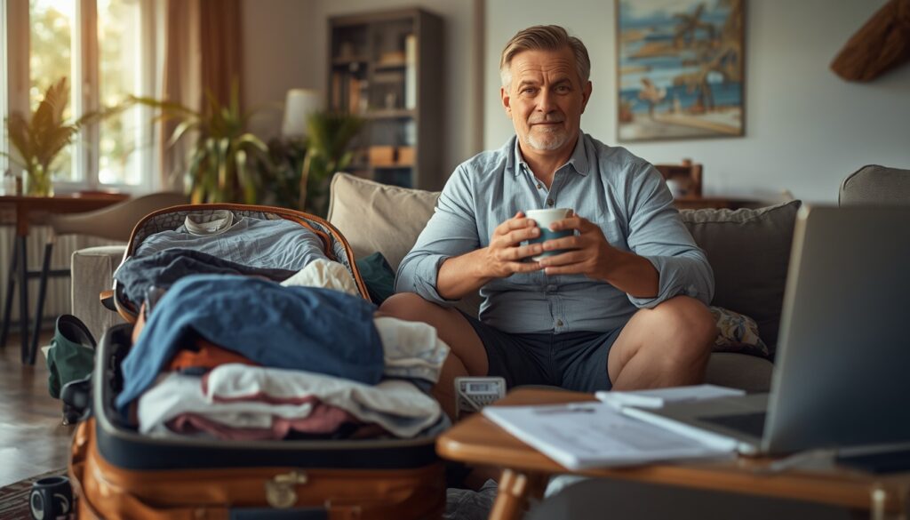 Fatigue après les vacances chez un homme de retour de congé avec une valise ouverte