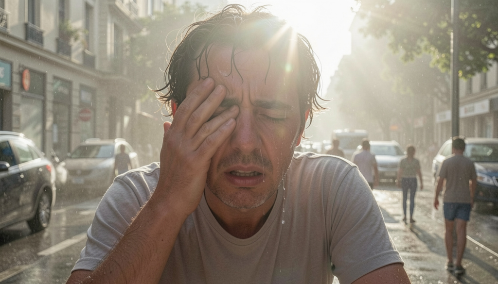 Jeune homme en détresse lors d’un coup de chaleur en pleine canicule en milieu urbain, transpirant sous un soleil intense