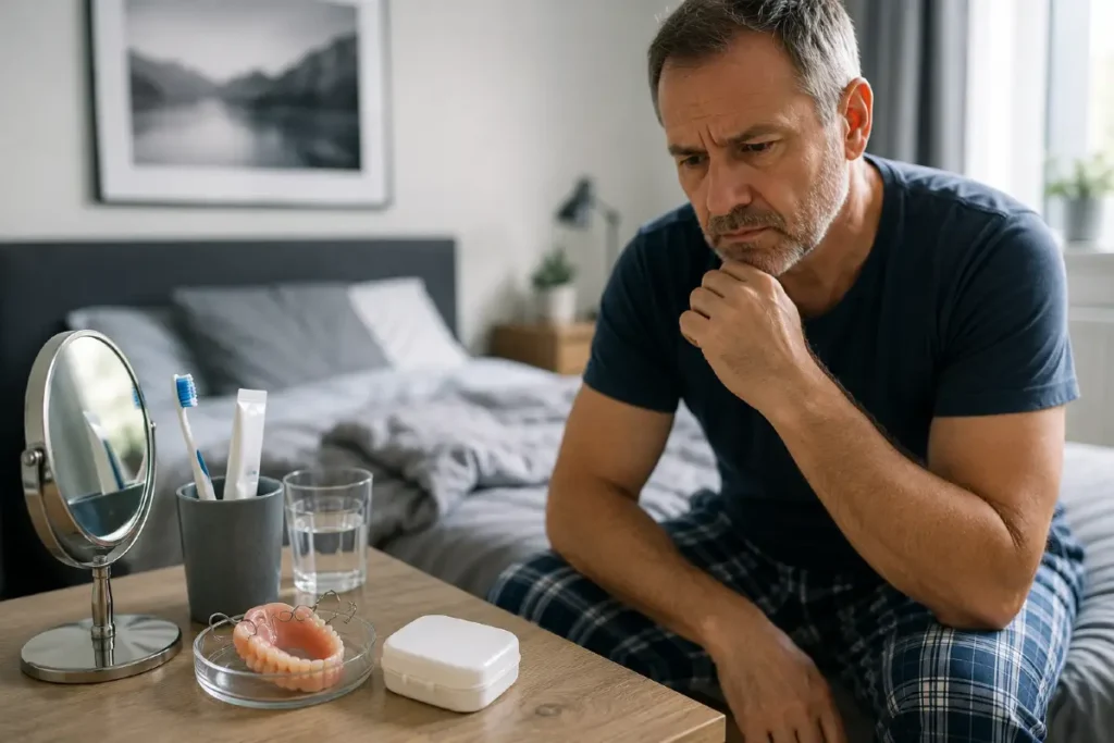 Mann sitzt nachdenklich am Bettrand und schaut auf eine Zahnprothese