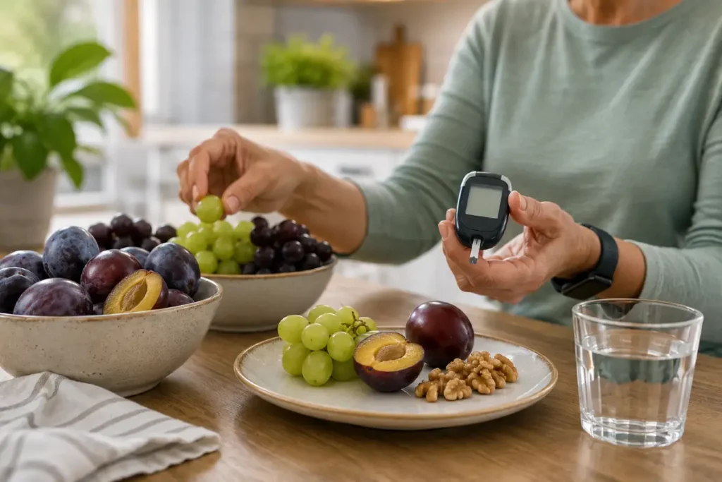 Gesunde Obstpause mit Blutzuckermessgerät