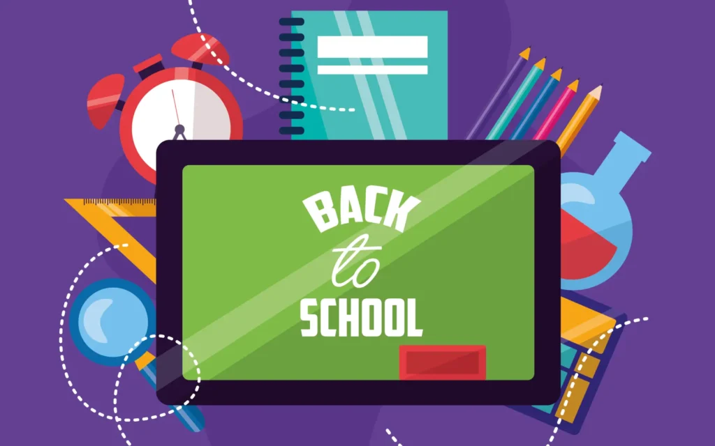 Grafik zum Schulstart mit Tablet