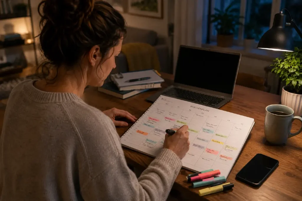 Gemütlicher Wochenplan am Schreibtisch