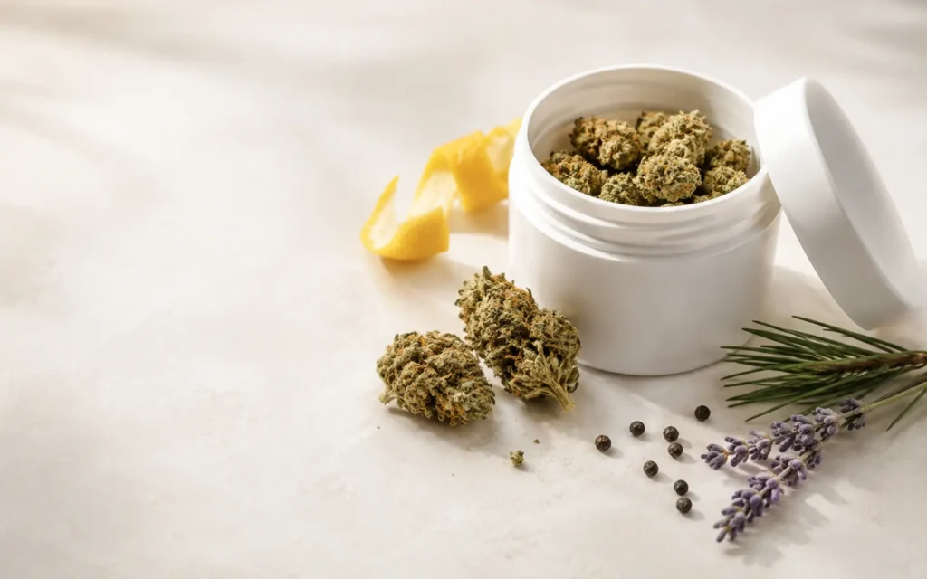 Medizinische Cannabisblüten mit Zitronenschale, Lavendel, Pfeffer und Kiefernnadeln als Beispiele für verschiedene Terpenaromen.