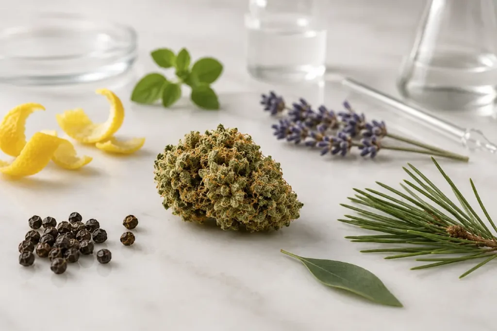 Cannabisblüte mit Zitronenschale, Pfeffer, Lavendel und Kiefernnadeln zur Veranschaulichung verschiedener Terpene.
