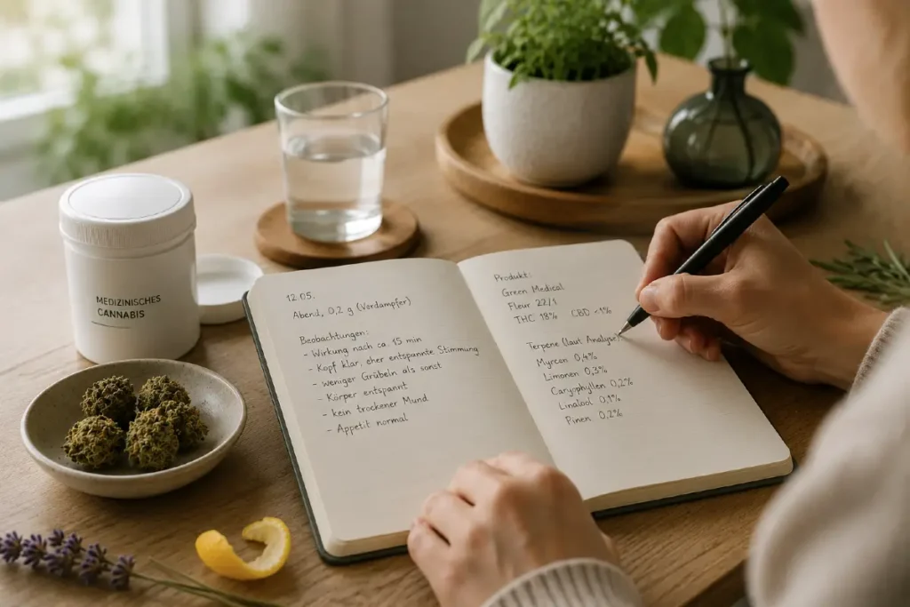 Person dokumentiert Produktdaten, Terpenprofil und persönliche Beobachtungen zu medizinischem Cannabis in einem Notizbuch.