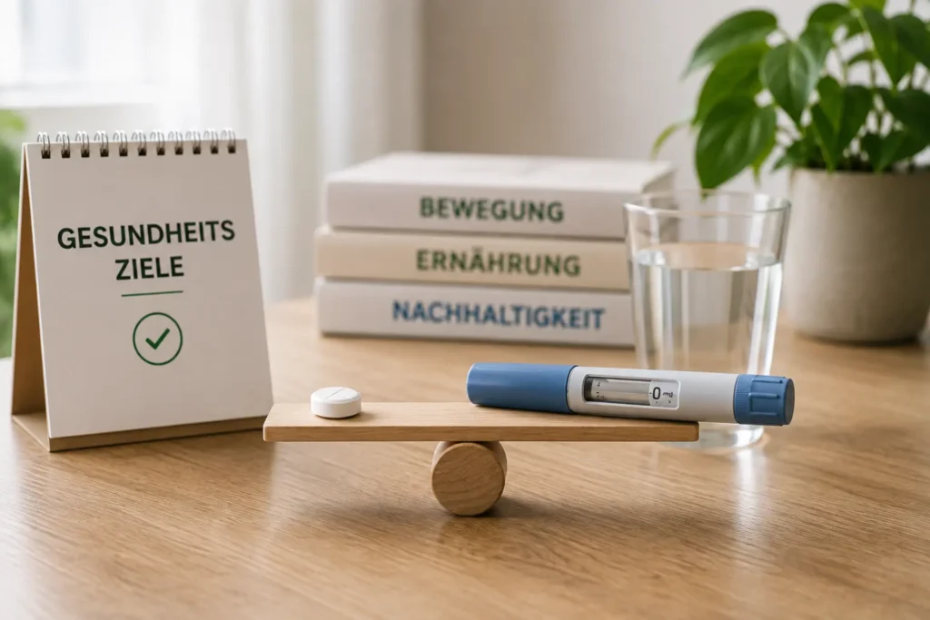Wegovy-Tablette und Injektionspen im Vergleich als zwei unterschiedliche Formen der Semaglutid-Behandlung.