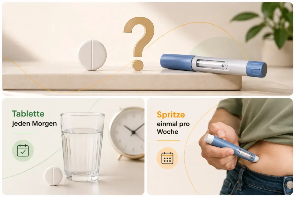 Vergleich der Wegovy-Tablette zur täglichen Einnahme mit der wöchentlichen Wegovy-Spritze.