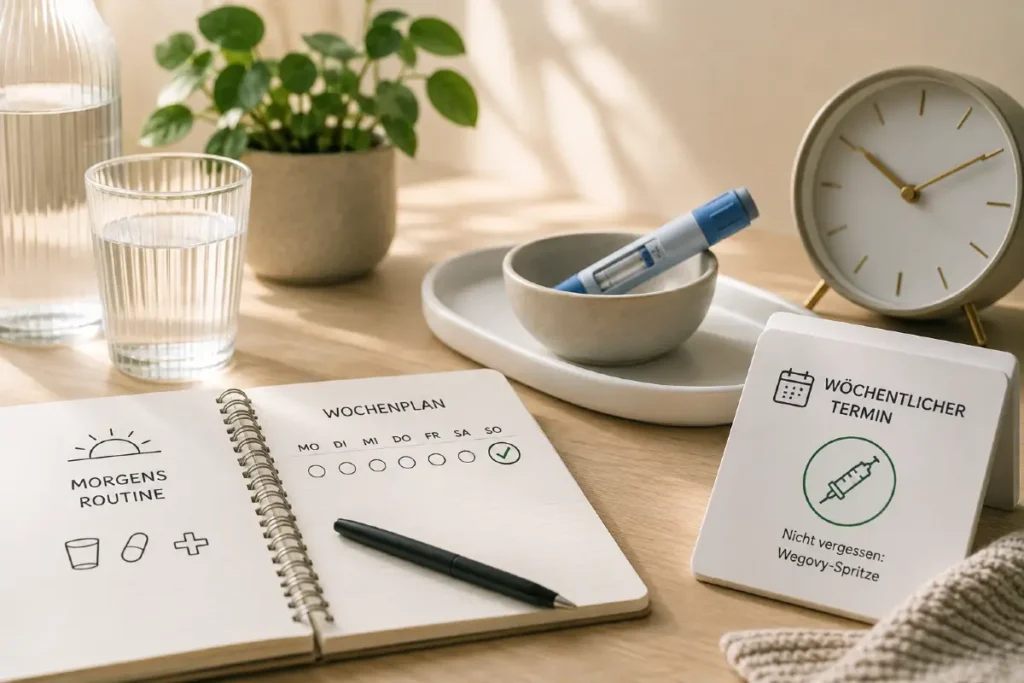Vergleich der täglichen Tabletteneinnahme mit der wöchentlichen Wegovy-Spritze anhand eines Wochenplans.