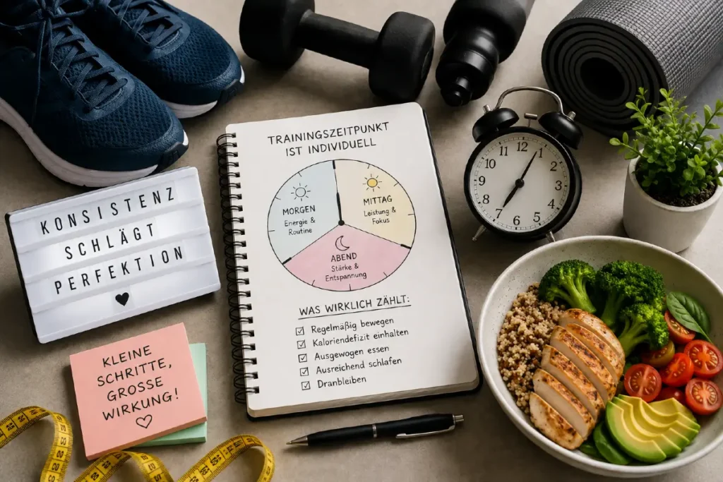 Notizbuch zwischen Sportsachen und gesundem Essen