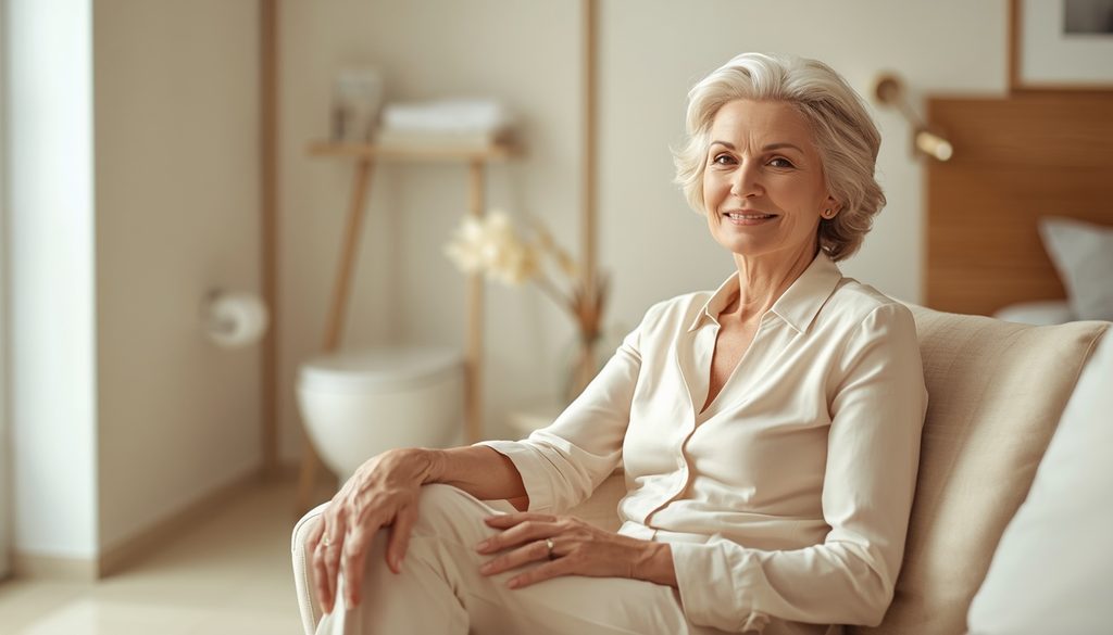Femme mature dans un intérieur lumineux, illustrant la santé urinaire après la ménopause