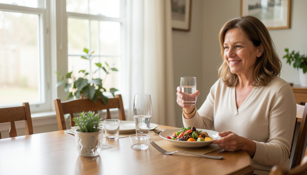 Femme adulte prenant un repas léger et un verre d’eau dans le cadre d’un traitement GLP-1