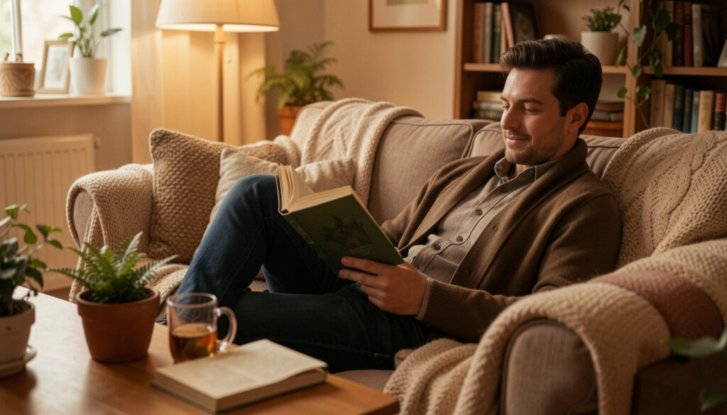 Homme se relaxant à la maison avec une infusion.