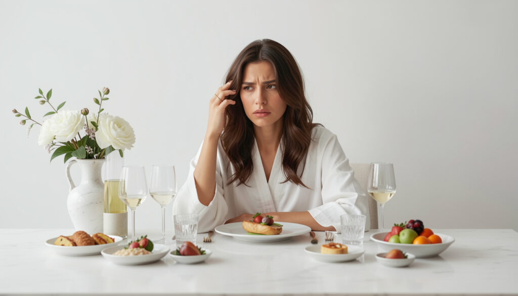 Femme pensive face à plusieurs plats, illustrant le food noise