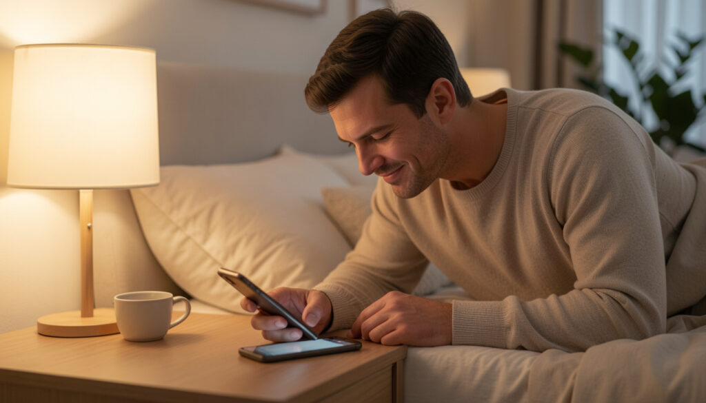 Homme allongé sur son lit regardant son smartphone avant de dormir