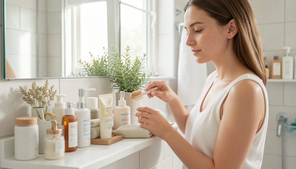 Femme adulte prenant soin de sa peau avec une routine de soins du visage