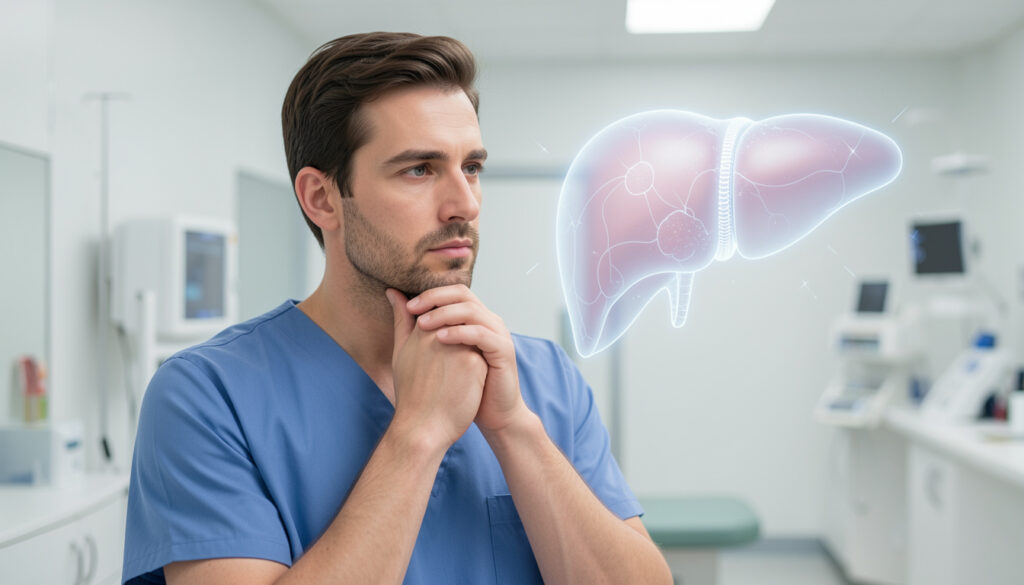 Homme réfléchissant avec une illustration médicale du foie