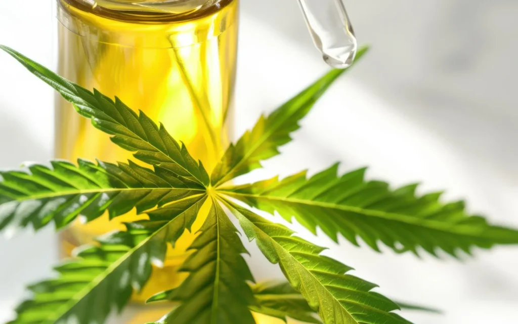 CBD-Öl mit Pipette und Cannabisblatt