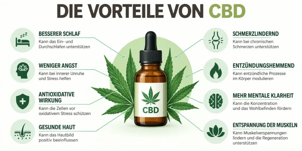 Infografik zu möglichen Wirkungen von CBD auf Schlaf, Schmerzen, Entzündungen und Wohlbefinden