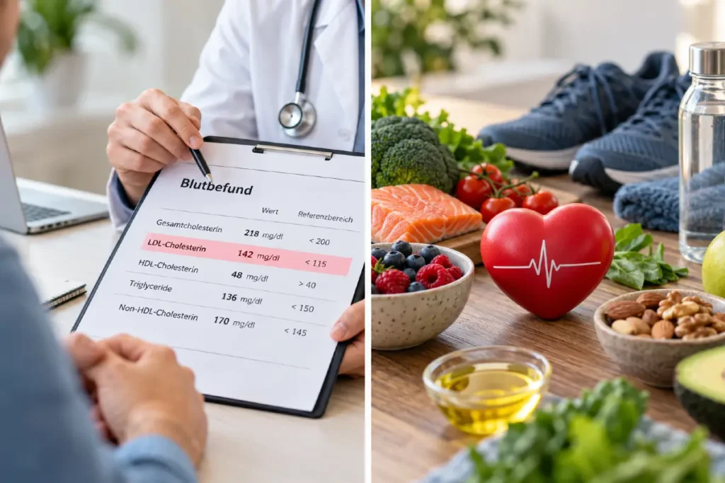 Cholesterinbefund mit LDL-Wert von 142 mg/dl neben einer durch Ablagerungen verengten Arterie.