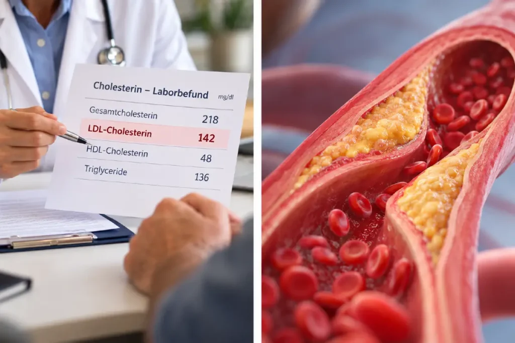 Cholesterinbefund mit erhöhtem LDL-Wert neben einer Darstellung einer durch Ablagerungen verengten Arterie.