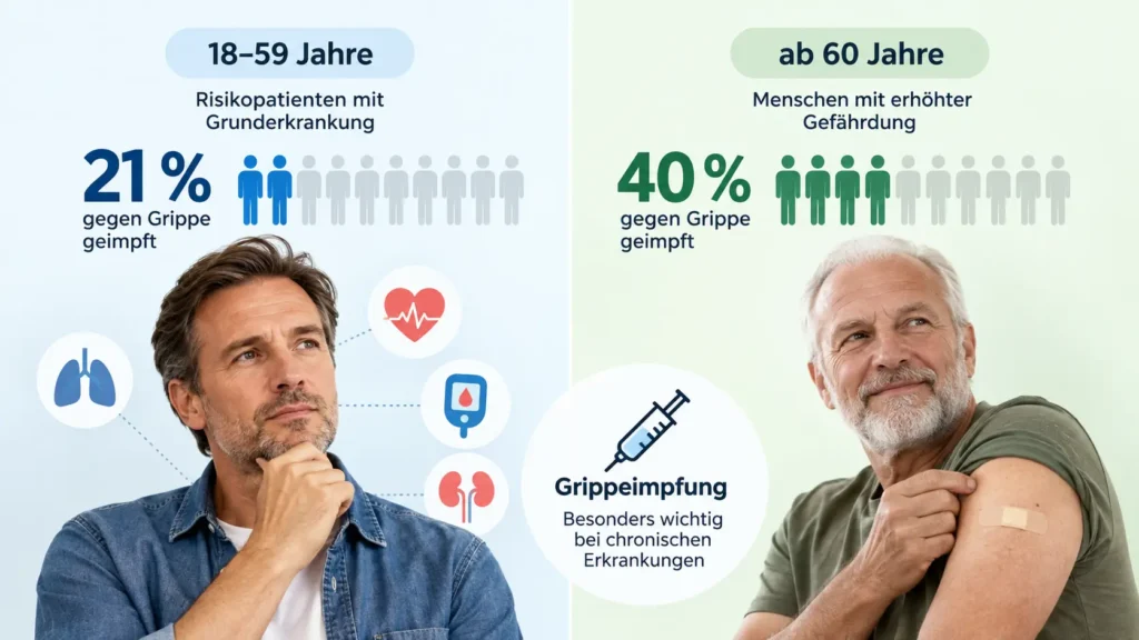 Infografik zur Grippeimpfung mit Impfquoten von 21 Prozent bei Risikopatienten zwischen 18 und 59 Jahren und knapp 40 Prozent bei Menschen ab 60 Jahren.