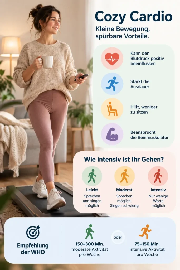 Infografik zu Cozy Cardio auf dem Walking Pad mit Belastungsintensität, möglichen gesundheitlichen Vorteilen, Sicherheitshinweisen und den WHO-Empfehlungen zur Bewegung.