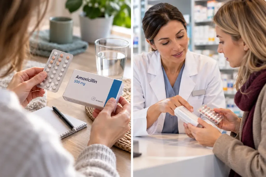 Pillenblister und Antibiotikum liegen nebeneinander, während eine Frau die Medikamente überprüft. Apothekerin berät eine Frau zur gleichzeitigen Einnahme von Antibiotikum und Verhütungspille.