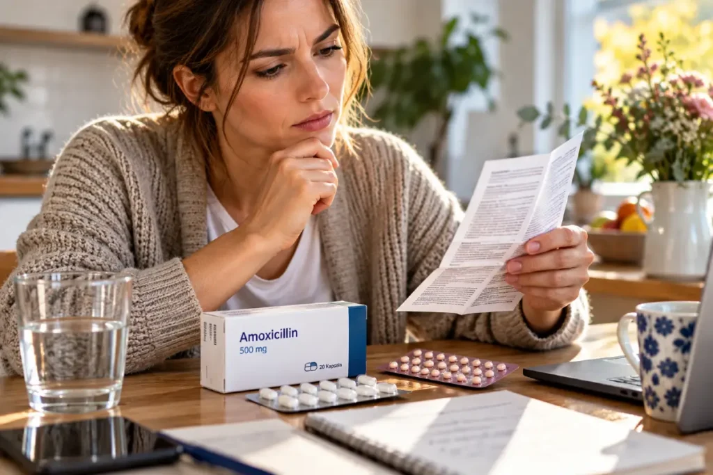 Frau liest zu Hause den Beipackzettel eines Antibiotikums; auf dem Tisch liegen Antibiotikum und Verhütungspille.