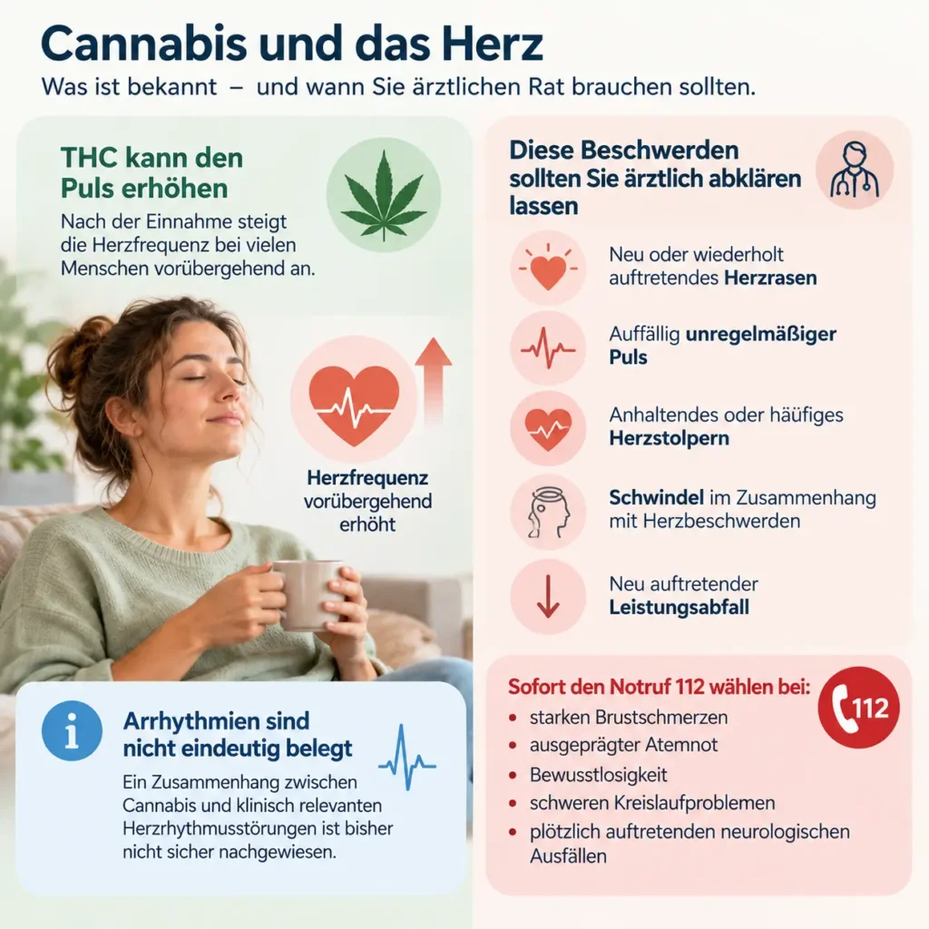 Infografik zu Cannabis und Herzgesundheit mit Informationen zu erhöhtem Puls durch THC, möglichen Herzbeschwerden und Warnzeichen für eine ärztliche Abklärung.