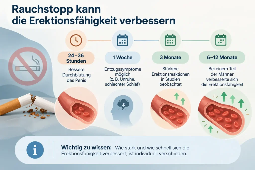 Infografik zum Rauchstopp mit möglichen Veränderungen von Durchblutung und Erektionsfähigkeit nach 24 bis 36 Stunden, drei Monaten und bis zu einem Jahr.