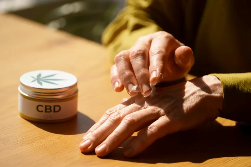 Eine Person trägt CBD-haltige Creme auf den Handrücken auf.
