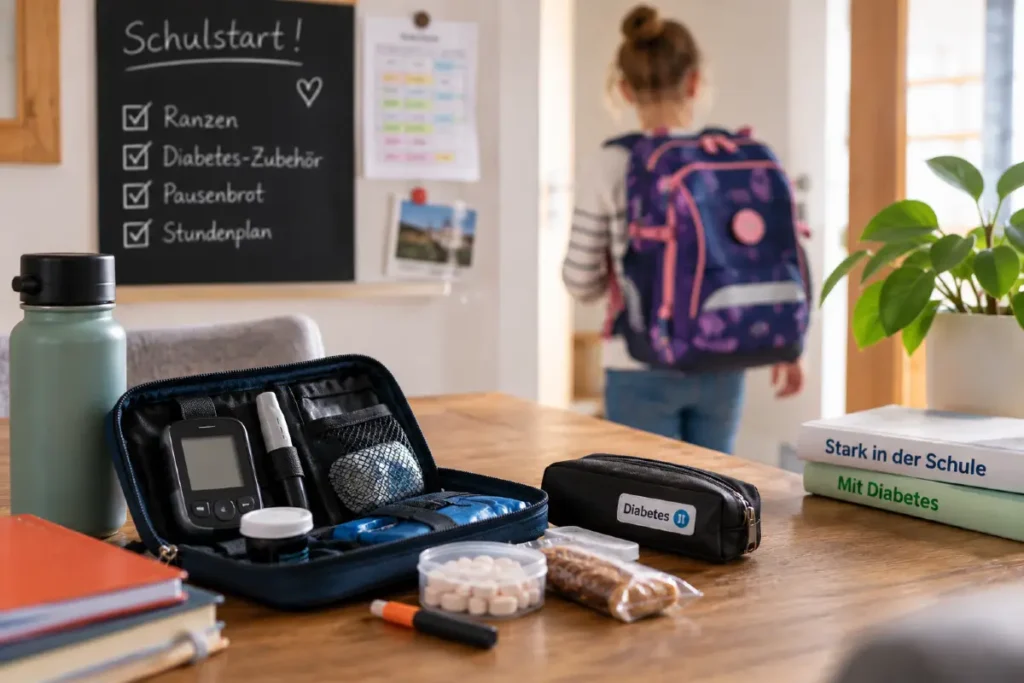Diabetesmaterialien liegen für den Schultag bereit, während ein Kind mit Schulranzen das Haus verlässt