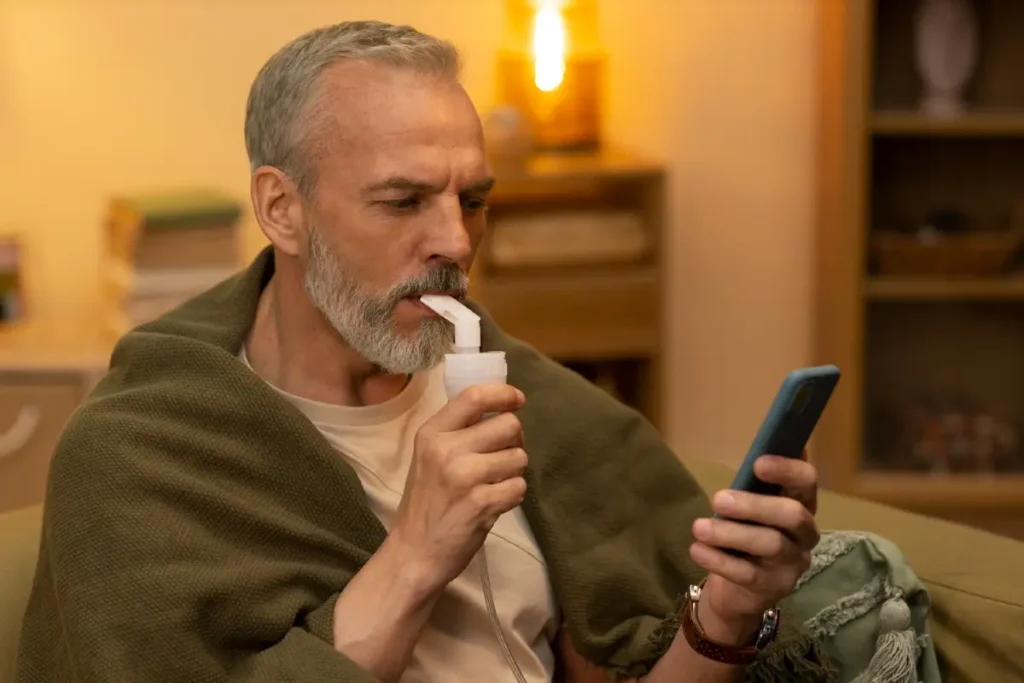 Mann bei der Anwendung eines Inhalators zu Hause.