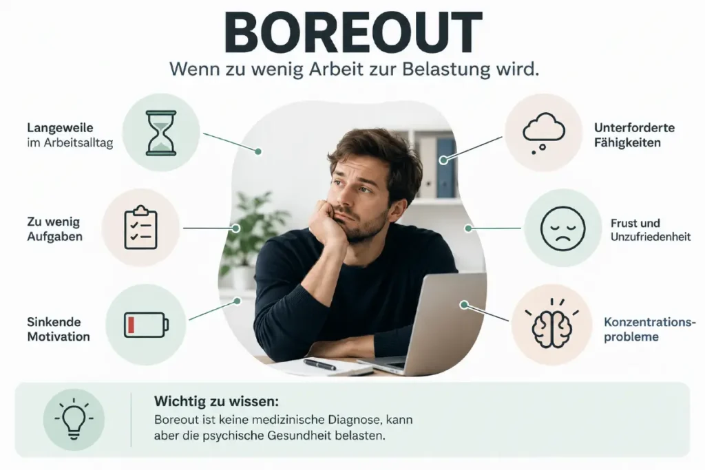 Infografik zu Boreout mit Langeweile, zu wenigen Aufgaben, sinkender Motivation, Frust und Konzentrationsproblemen
