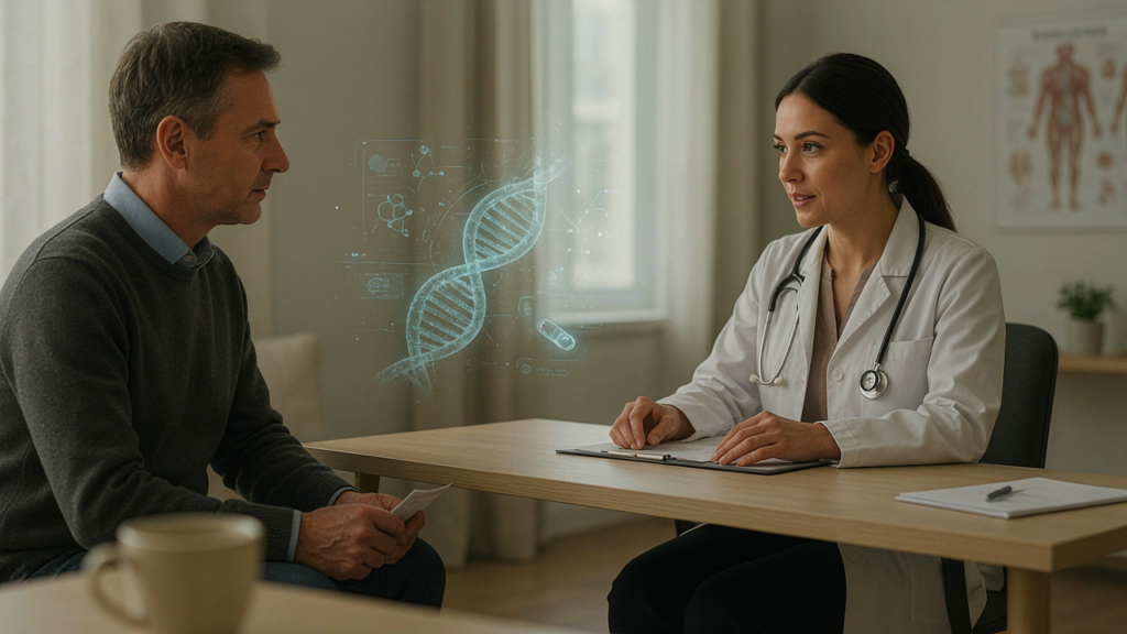 Médecin et patient face à une interface de médecine personnalisée