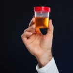 Hand hält einen transparenten Probenbecher mit dunkelgelb bis orange verfärbtem Urin vor dunklem Hintergrund.