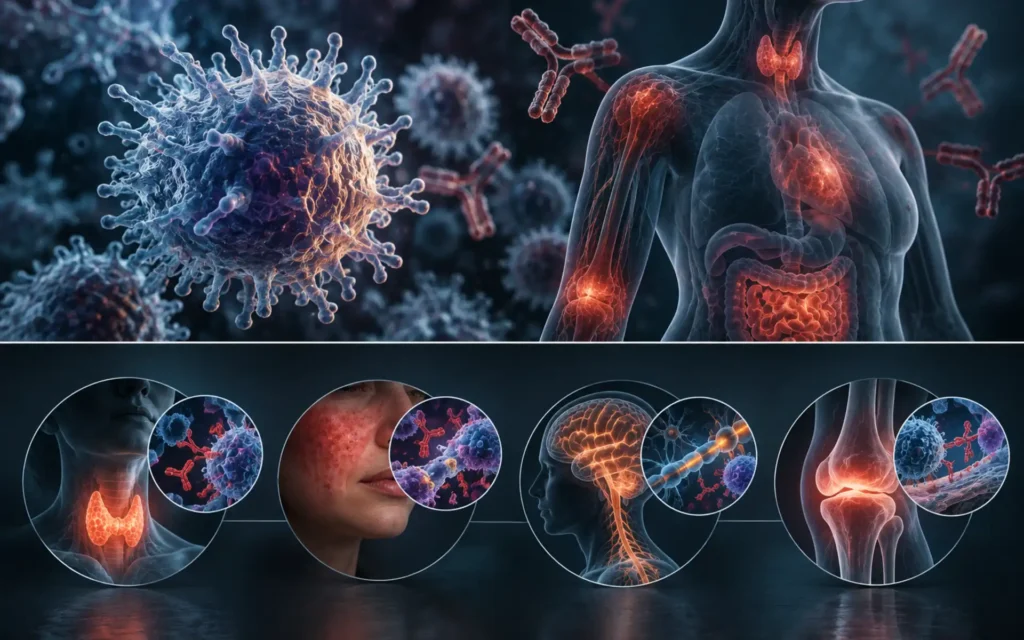 Dunkle medizinische Illustration zu Autoimmunerkrankungen mit Immunzellen und hervorgehobenen Entzündungsprozessen in verschiedenen Organen.