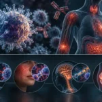 Dunkle medizinische Illustration zu Autoimmunerkrankungen mit Immunzellen und hervorgehobenen Entzündungsprozessen in verschiedenen Organen.