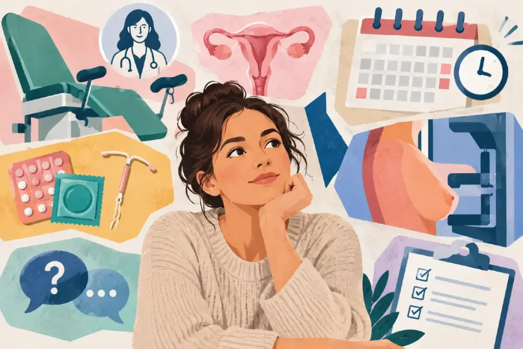 Illustrative Collage zur gynäkologischen Vorsorge mit Frau, Gebärmutter, Untersuchungsstuhl, Verhütungsmitteln, Mammographie, Kalender und Checkliste.