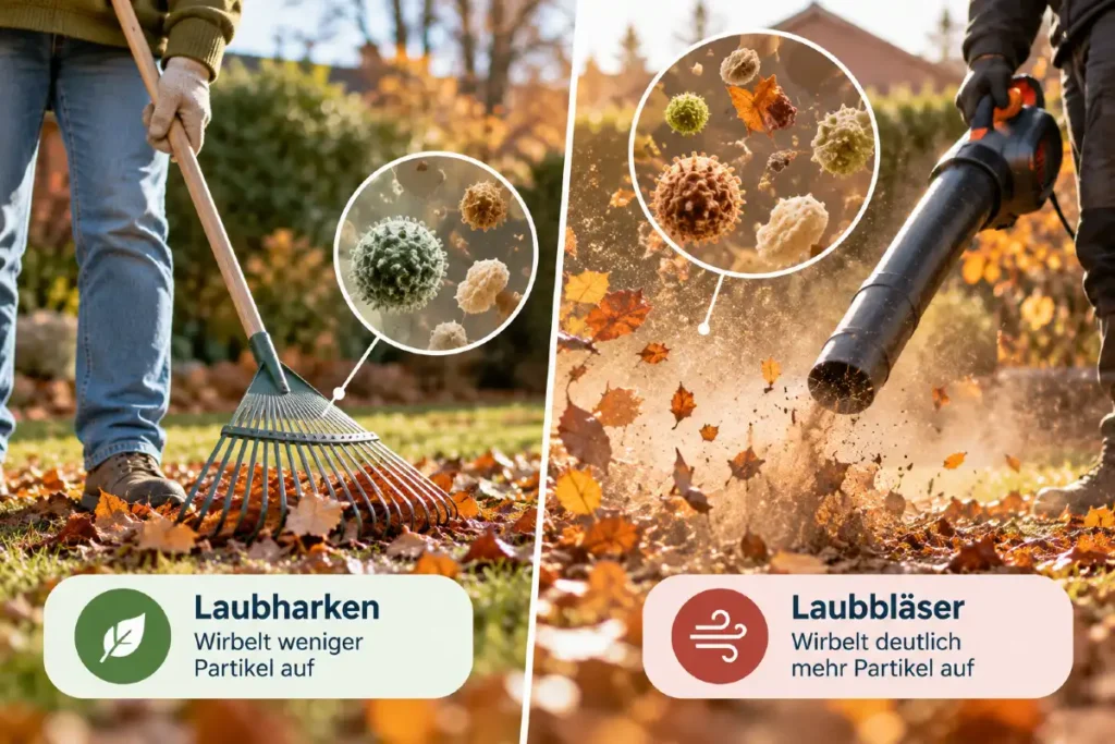 Vergleich von Laubharken und Laubbläser im Herbst: Der Laubbläser wirbelt deutlich mehr Staub und Partikel aus dem Herbstlaub in die Luft.