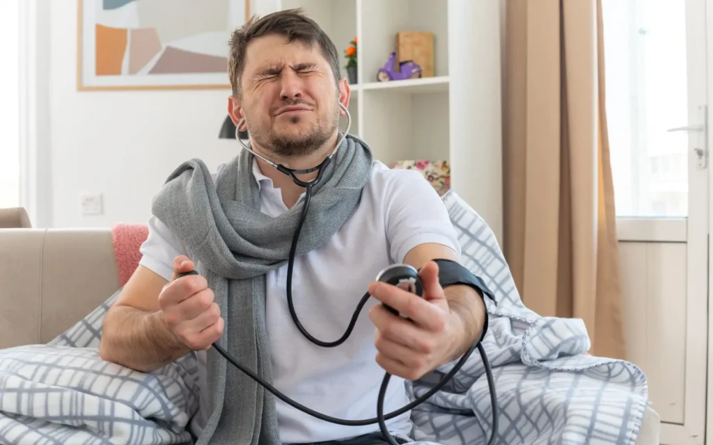 Kranker Mann mittleren Alters misst seinen Blutdruck auf der Couch