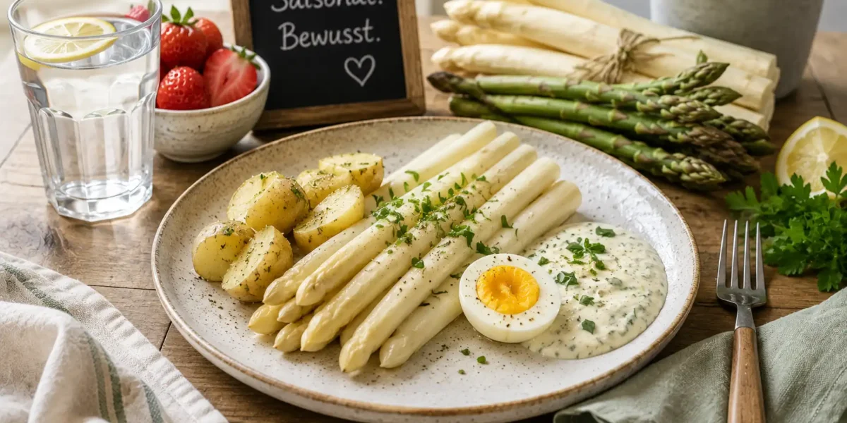 Spargel mit Ei, Kartoffeln und Sosse auf einem Teller