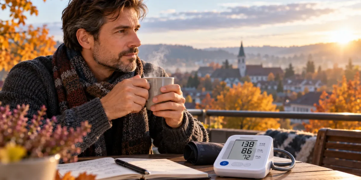 Mann sitzt an einem kühlen Herbstmorgen mit einer Tasse im Freien; Blutdruckmessgerät und Messprotokoll liegen vor ihm.