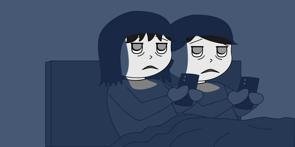 Cartoon eines Pärchens übermüdet mit Handy im Bett