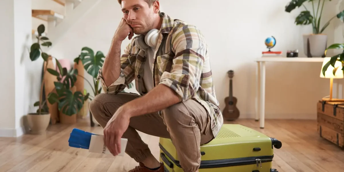 Müder Mann mit Koffer und Reiseutensilien