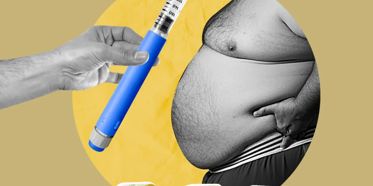 Collage Hand mit Spritze und dicker Männerbauch