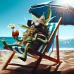 Grafik einer Cannabisblüte mit Sonnenbrille am Strand